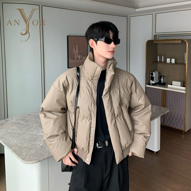 ANYOU 남성용 오리털 숏패딩 빅사이즈 루즈핏 보온 방한 경량 패딩 점퍼