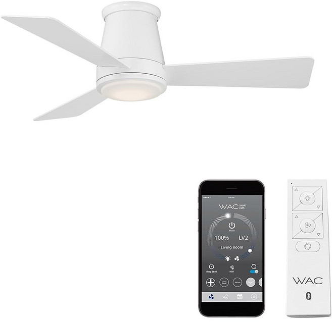 WAC Lighting F-034L-MB Odyssey 111.8cm(44인치) Hugger 천장 선풍기 LED 조명 및 리모컨 포함 매트 블랙, Matte White, 44in Blade Span