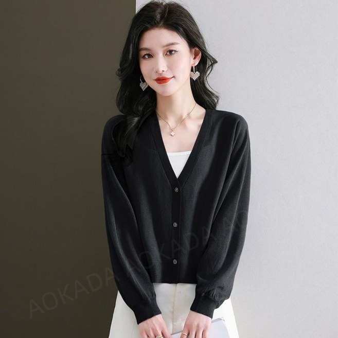 AOKADA 1+1 여성 V넥 퍼프 벌룬 슬리브 가디건 차분한 여름 니트티