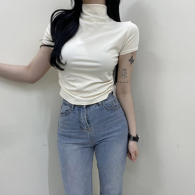 VANANA2 여성 데일리 심플 무지 캐주얼 옆 스트링 반폴라 반팔티셔츠 3color