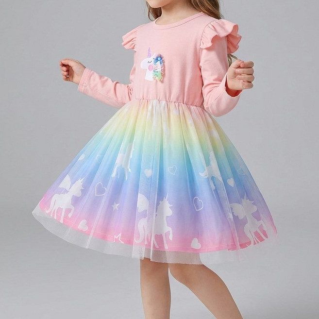 아동 여아 유니콘 레인보우 망사 원피스 튜튜 스커트 데일리 외출복