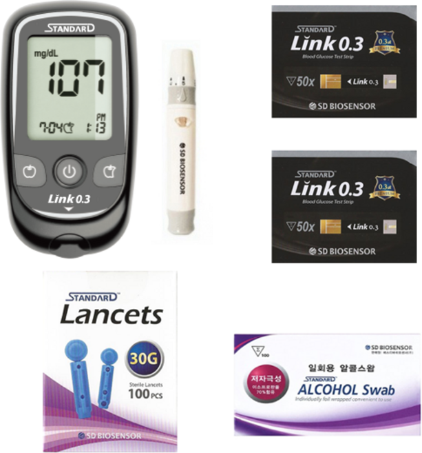 SD 스탠다드링크0.3 혈당측정기 풀세트 (기계+시험지100+정품채혈침110+정품알콜솜100+건전지+파우치+채혈기) SW, 기계+시험지100+채혈침110+알콜솜100매입 풀세트, 1세트, 링크0.3혈당측정기