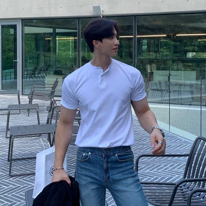 ANYOU 여름 남성 빅사이즈 오버핏 헨리넥 반팔 티셔츠