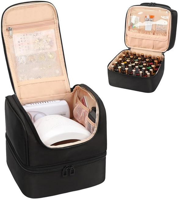 큐베타스틱 네일 폴리쉬 정리함 귀여운 테크 정리함 및 보관 가방 45병 UV 램프 키트용 컴팩트 이중 레이어 여행용 용품 케이스(트라이앵글 블랙 45 슬롯)