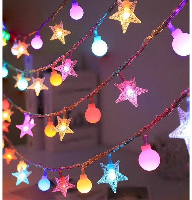 聖誕節裝飾燈 新款雪花燈 二合一燈串 氣氛燈 造型燈 露營燈 生日派對聖誕裝飾佈置燈, 小白球+星星彩色,10米100燈插電款, 1個