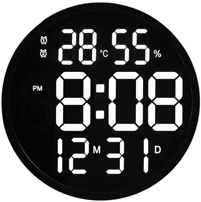 大電子時鐘 靜音掛鐘 含溫濕度顯示 辦公室居家適用, 12吋LED圓形-黑色, 黑色