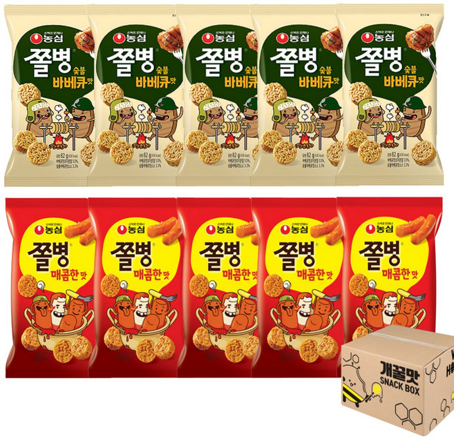 농심 쫄병스낵 (숯불바베큐맛5+매콤한맛5), 82g, 10개