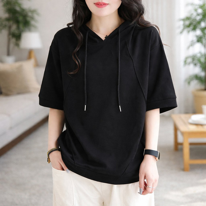 루미빈 여성 순면 후드 프린트 루즈핏 반팔 티셔츠