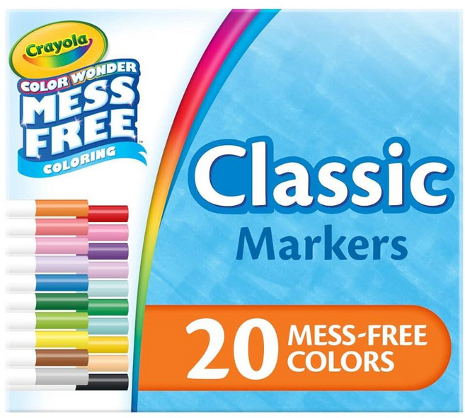 크레욜라 Crayola Color Wonder 지저분해지지 않는 핑거페인트 및 스탬퍼 키트 아동용 사파리 스탬프 컬러 리빌 잉크 유아 활동 선물 만 3세 이상 1442, Classic Markers