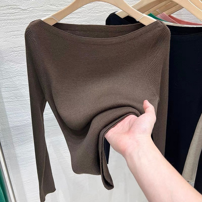 DURI 보트넥 니트 입술넥 긴팔 여성 스웨터 봄 가을 여자 골지 티셔츠