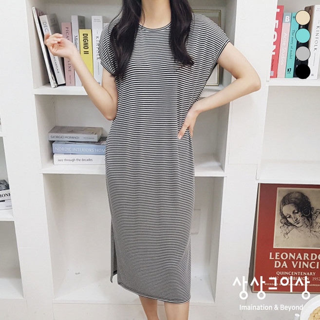 상상그이상 여성용 국내제작 쿨 골지 반팔 롱 원피스 쿨찰랑느낌원단 베이직핏 롱기장 반소매 뒷트임 스트라이프 패턴 데일리룩