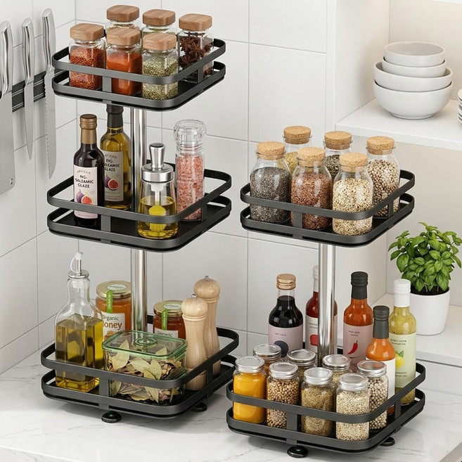 3단 회전 양념통 정리대 주방 코너 선반, 1개, 블랙