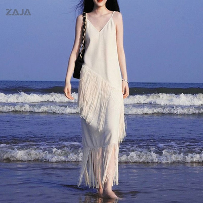 ZAJA 여성 여름 바캉스 롱 원피스 비치 태슬 나시 원피스