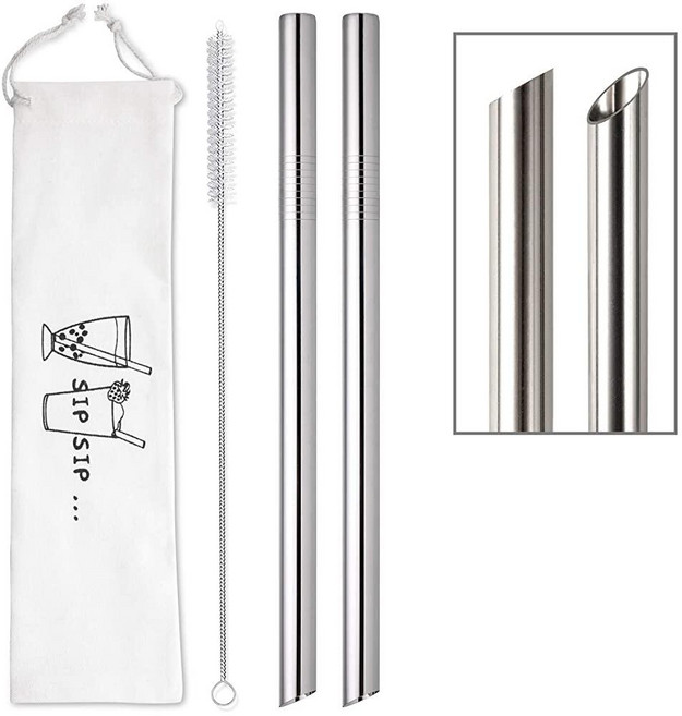 [각진 팁] 점보 재사용 가능한 버블 티 빨대 및 스무디 2개 1.3cm(0.5인치) 너비의 스테인리스 스틸 빨대 보바 타피오카 펄 밀크셰이크 스무디용 금속 | 클리닝, [각진 팁] 점보 재사용 가능한 보바 빨대 2개, 버블