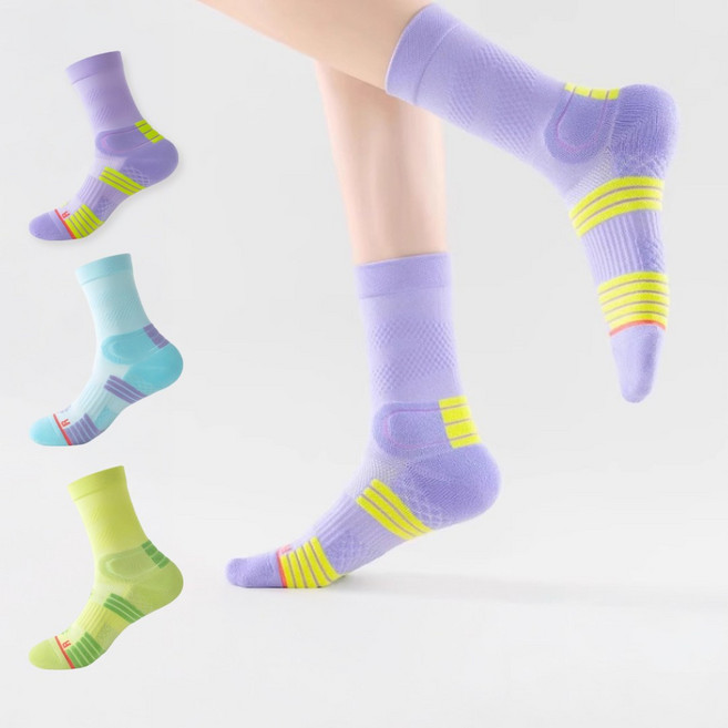 WICKEDRUN 러닝 여성 스포츠 쿠션 발목보호 양말 마라톤 등산, 1세트, 퍼플+블루+그린