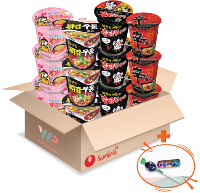 삼양 농심 컵라면 소컵 4종 작은 컵라면 혼합세트 신라면 3컵+튀김우동 3컵+불닭볶음면 3컵+까르보불닭볶음면 3컵 총 12컵입 미니 멘토스+투시팝 사탕 사은품 2종 증정, 1개
