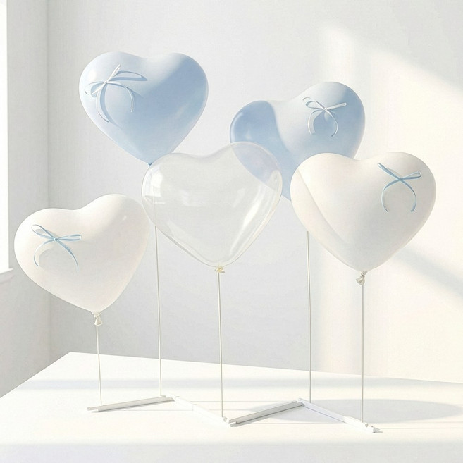 하트 풍선 파스텔 홈파티 프로포즈 발레코어 리본포함 일자형 스탠드, 1개, 02. 세레니티 블루 (투명3개+화이트3개+블루3개)