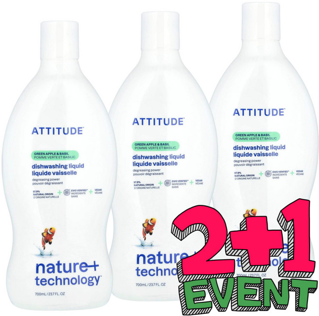 에티튜드 베이비-베베 내추럴 어린이 보틀 & 디쉬워싱 액상 유아 주방세제, 700ml, 3개