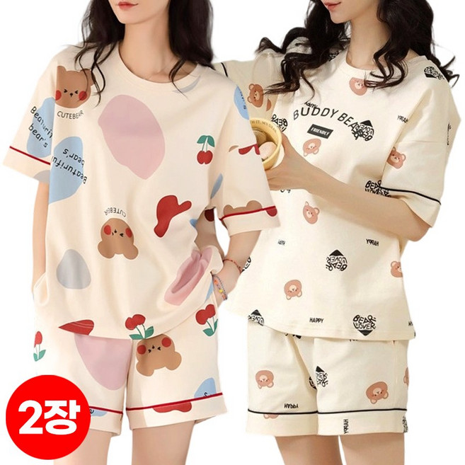 1+1스타일아유 귀여운 여름 파자마 여성 얇은 반팔 반바지 2매세트 홈웨어 SE1409
