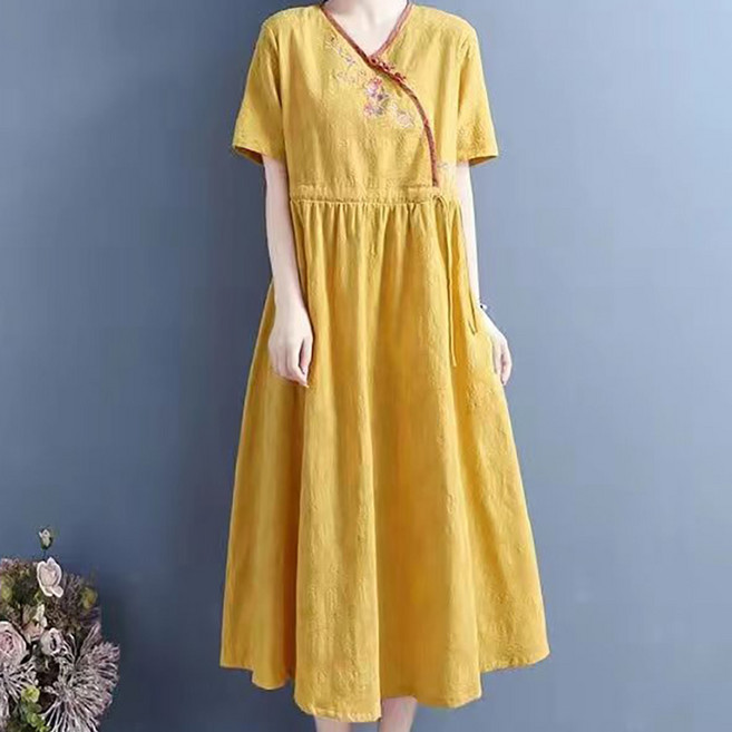 ORZQU 여름 여성 시크 루즈핏 캐주얼 패션 미디 개량 한복 반팔 원피스 스냅 자수 스타일 스커트