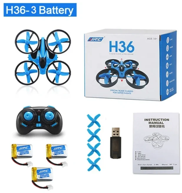JJRC H36 드론 4채널 6축 헤드리스 헬리콥터 ° 플립 1/2/3 배터리 리모컨 항공기 장난감, 04 Blue-3 Battery