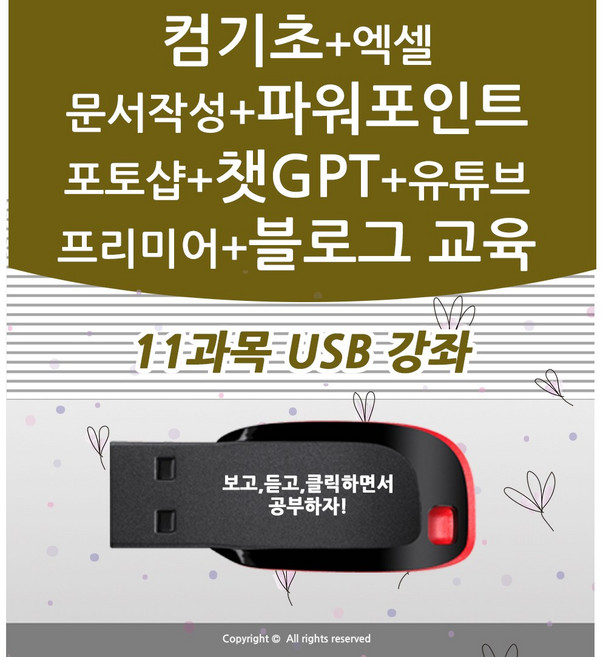 11종 컴퓨터 기초 배우기 교육 + 엑셀 활용 강좌+ 파워포인트+ 문서작성+챗gpt+포토샵+유튜브 유튜버+프리미어 프로 동영상 편집 +네이버 블로그 책 교재 서적 좋은 usb