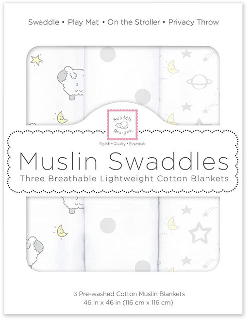 SwaddleDesigns 남아 및 여아용 면 모슬린 포대기 담요 신생아 베이비 레지스트리 및 선물을 위한 뉴트럴 속싸개 담요 116.8 x 116.8cm(46 x 46, Little Lambs Goodnight