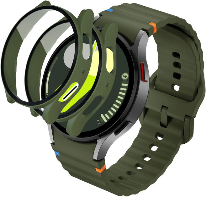 데일리피 갤럭시워치 호환 실리콘 컬러풀한 스티치 스트랩 8/7/6/6클래식/5/5프로/4/4클래식+PC 케이스 2개, 군녹색/그린