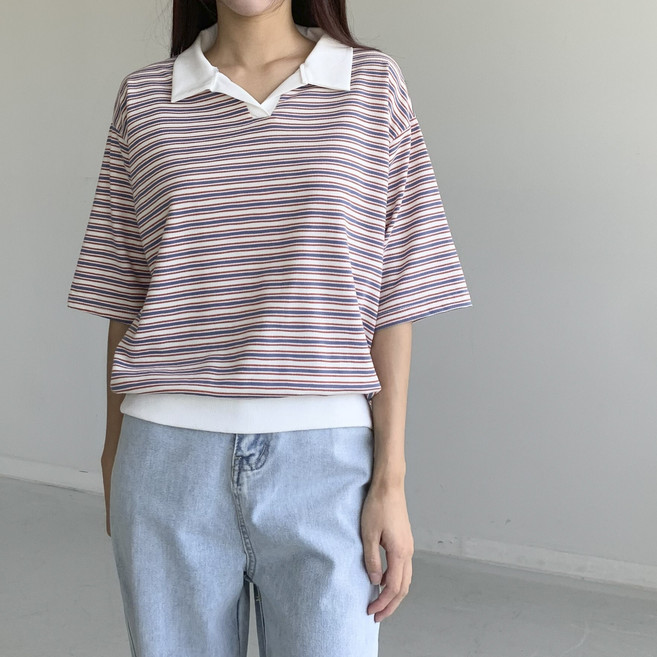 [행복여] 토드 스트라이프 오픈 카라 맨투맨 반팔 티셔츠