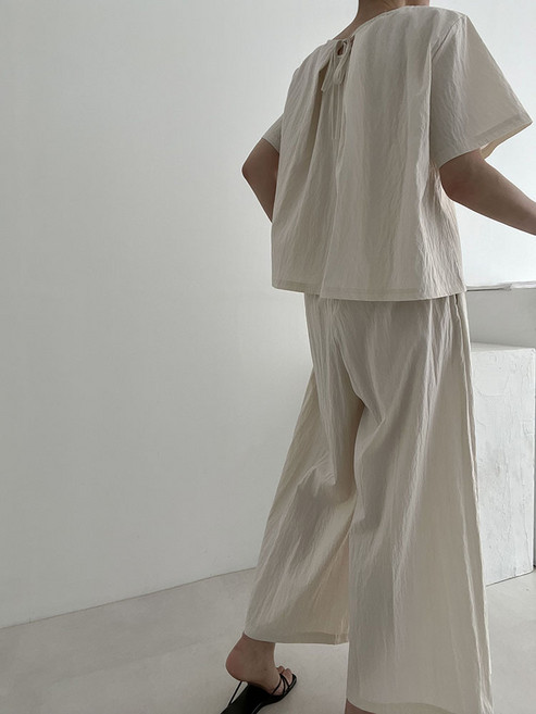 낭낭 일상템 set 백리본 반팔 와이드 밴딩 팬츠 투피스