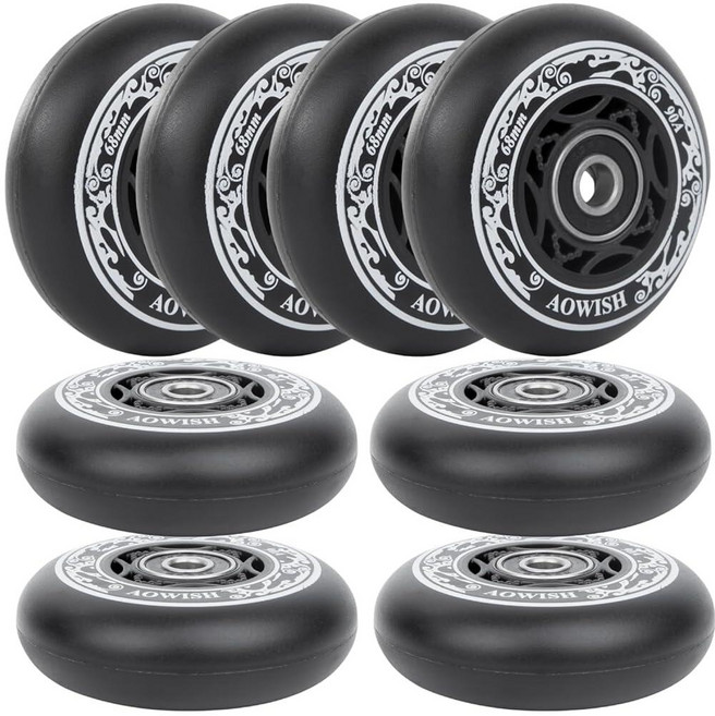 AOWISH 8팩 68mm 인라인 스케이트 휠 아웃도어 아스팔트 포뮬러 공격적인 롤러 블레이드 90a 하키 교체 베어링 ABEC-9 및 플로팅 스페이서 포함 블랙 색상 1645, 1개