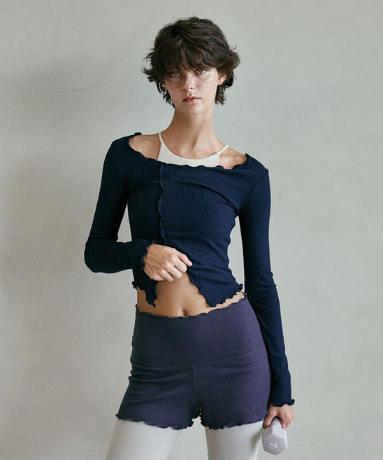 DEVIWEAR 데비웨어 여성 요가복 DEVI-T0112-네이비 필라테스 웨이븐 프릴 롱슬리브 740872