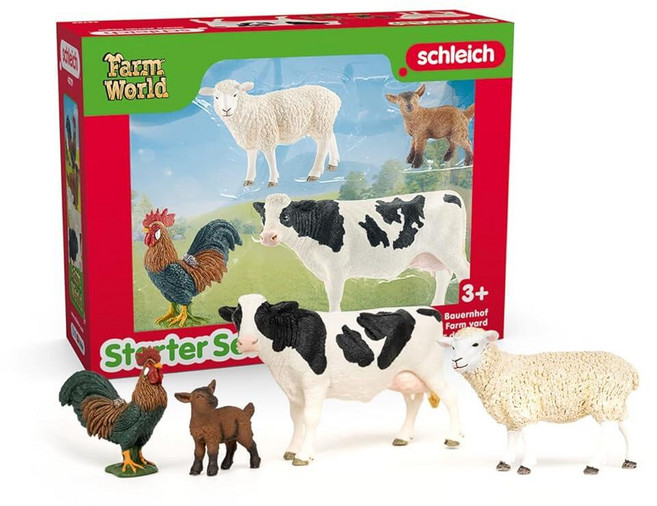 Schleich Farm World - 스타터 세트 수집용 장난감 농장 동물 4개 소 양 새끼 당나귀 및 수탉 농장 동물 장난감 포함 만 3세 이상 아동용, Farm World Starter Set