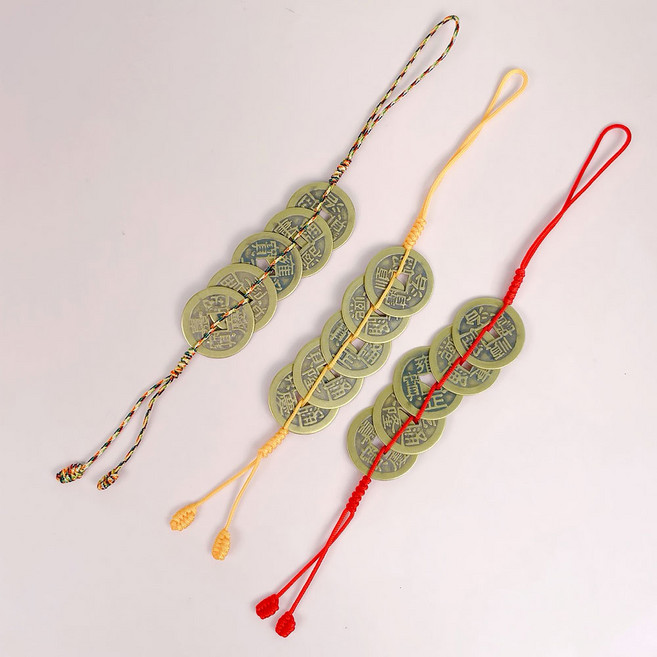 금전운 행운 액막이 황동 오제전 엽전 고리, 봉미 매듭 오제전 엽전 고리, 노랑