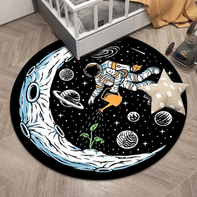 만화 우주비행사 원형 카펫 우주 달 우주선 거실용 러그 미끄럼 방지 침실 놀이용 바닥 매트, 1개, 15. 12 / H. 160x160cm(62x62...