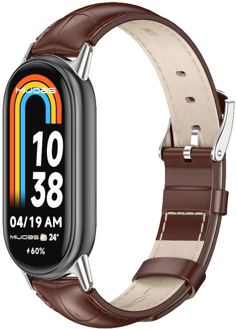 샤오미 스마트밴드10 / 9 / 8 가죽 스트랩 소가죽 시계줄 미밴드 10 9 8 호환, 실버-초콜릿