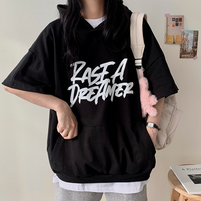 핏예쁜 힙한 드림 레터링 프린팅 빅사이즈 오버핏 반팔 후드티