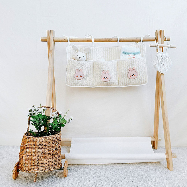 100수 누빔 침대 수납 걸이 아기 베드 벽걸이수납, 포인트 수납파우치_무지(아이보리), 1포켓