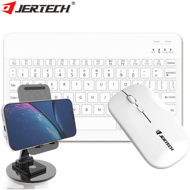 JERTECH 무선 키보드 + 마우스+휴대폰 거치대 세트 무소음 블루투스 연결 CT3-01, 일반형, 화이트