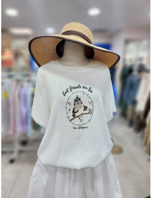 스테파니 린넨 뒷 체크 부엉이 티 A25TS5254