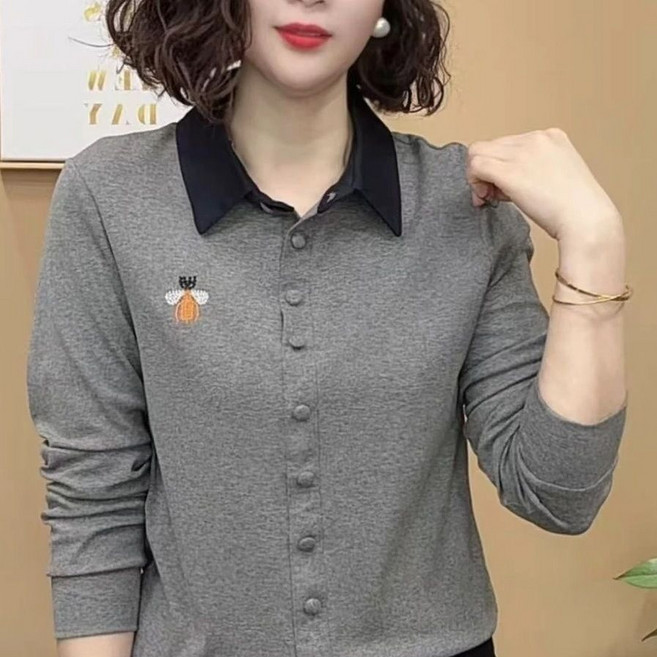 Neirny 중년 여성 카라넥 기팔 티셔츠 빅사이즈 봄 가을 엄마 마린룩 상의 루즈핏 긴팔 레깅스 환절기 이너