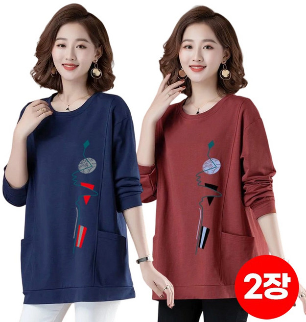 스타일아유 1+1 여성 봄 가을 중년 엄마 캐주얼 오버핏 긴팔 프린팅 티셔츠 TS2352