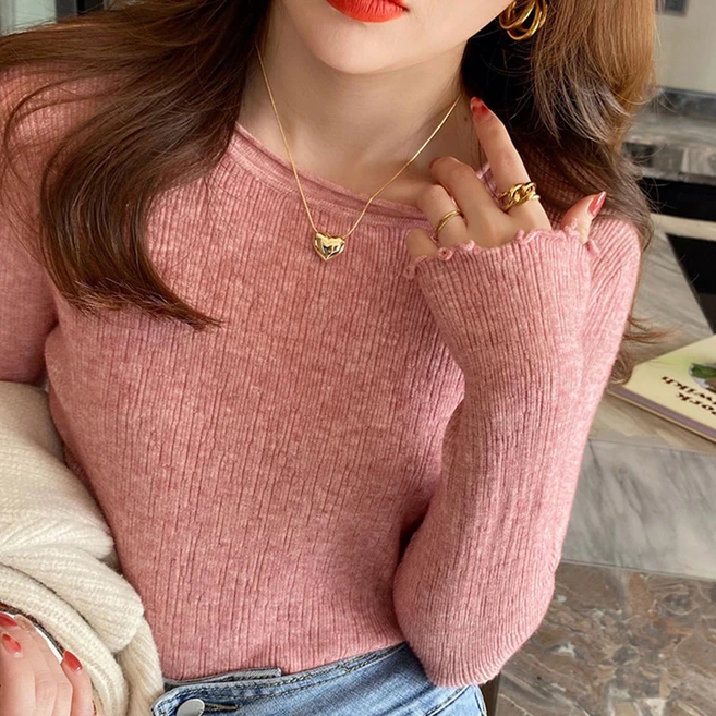 여자 슬림 쫀쫀 라운드넥 주름지 긴팔 티셔츠 - 쿠팡