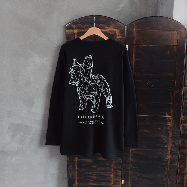 헬보이 입체 3D 불독 그래픽 나염 루즈 오버 간절기 남녀공용 소프트 긴팔 롱 티셔츠