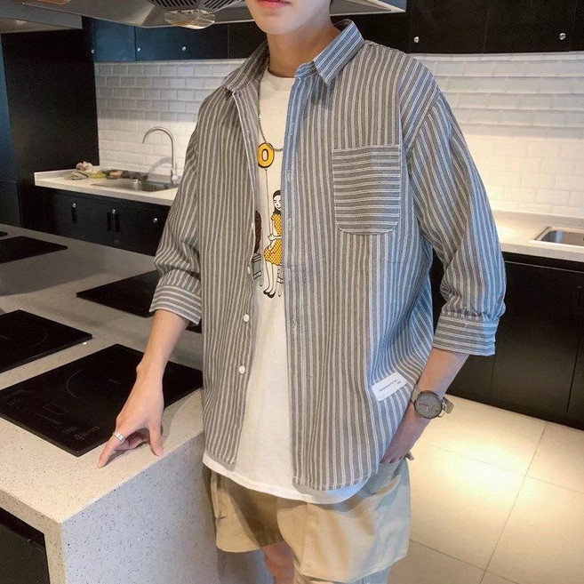 Makone 남성 남방 스트라이프 7부소매 캐주얼 루즈핏 셔츠