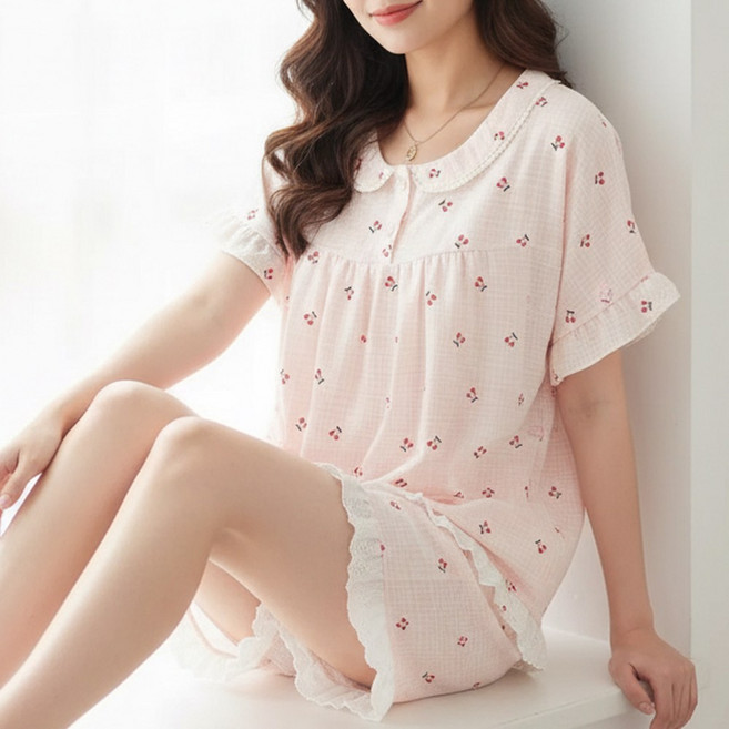 캐리루시 여성 크링클 투버튼 자수프릴 반팔 잠옷 상하세트