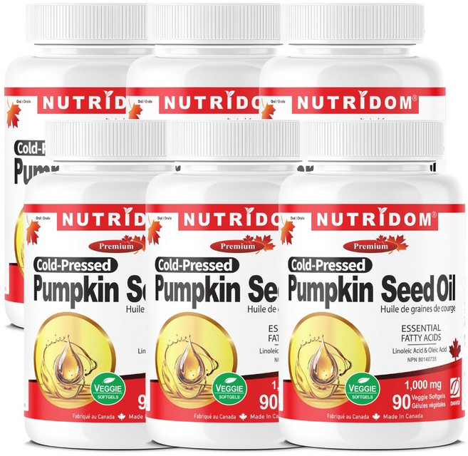 캐나다 뉴트리돔 펌킨 씨드 오일 1000mg 냉압착 호박씨오일 캡슐 COLD PRESSED Pumpkin Seed Oil 90식물성 소프트젤, 6개, 90정