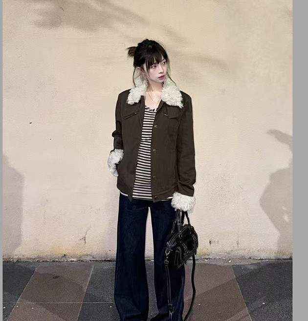 AOKADA 여성 가을 겨울 빈티지 무스탕 자켓 슬림핏 보온 코트