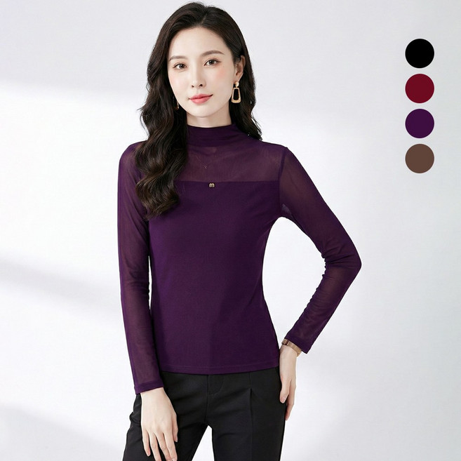 지스터프 여성 라인댄스 상의 긴팔 하이넥 시스루 댄스복 블라우스