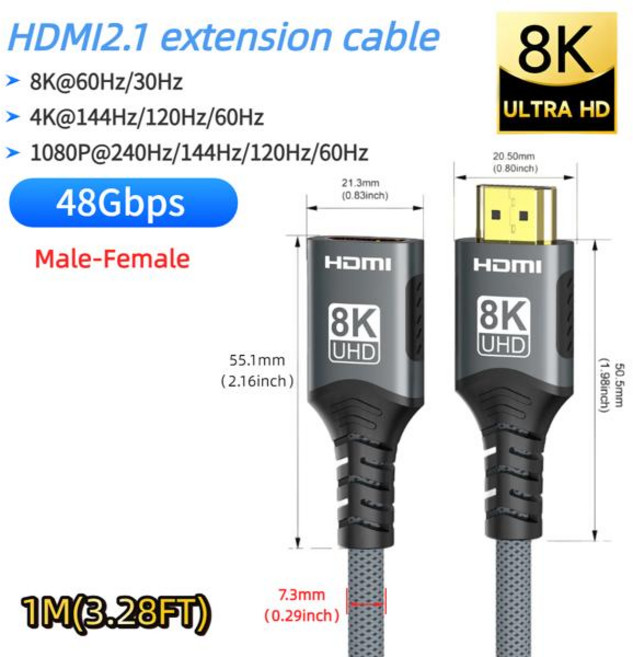 16K60Hz HDMI 2.2 케이블은 8K120Hz 4K240Hz를 하며 8K/4K HDMI 케이블과 호환되며 HD TV 노트북 Xbox PS5 스위치 모니터에 사용 가능, [09] HDMI M to F-1M